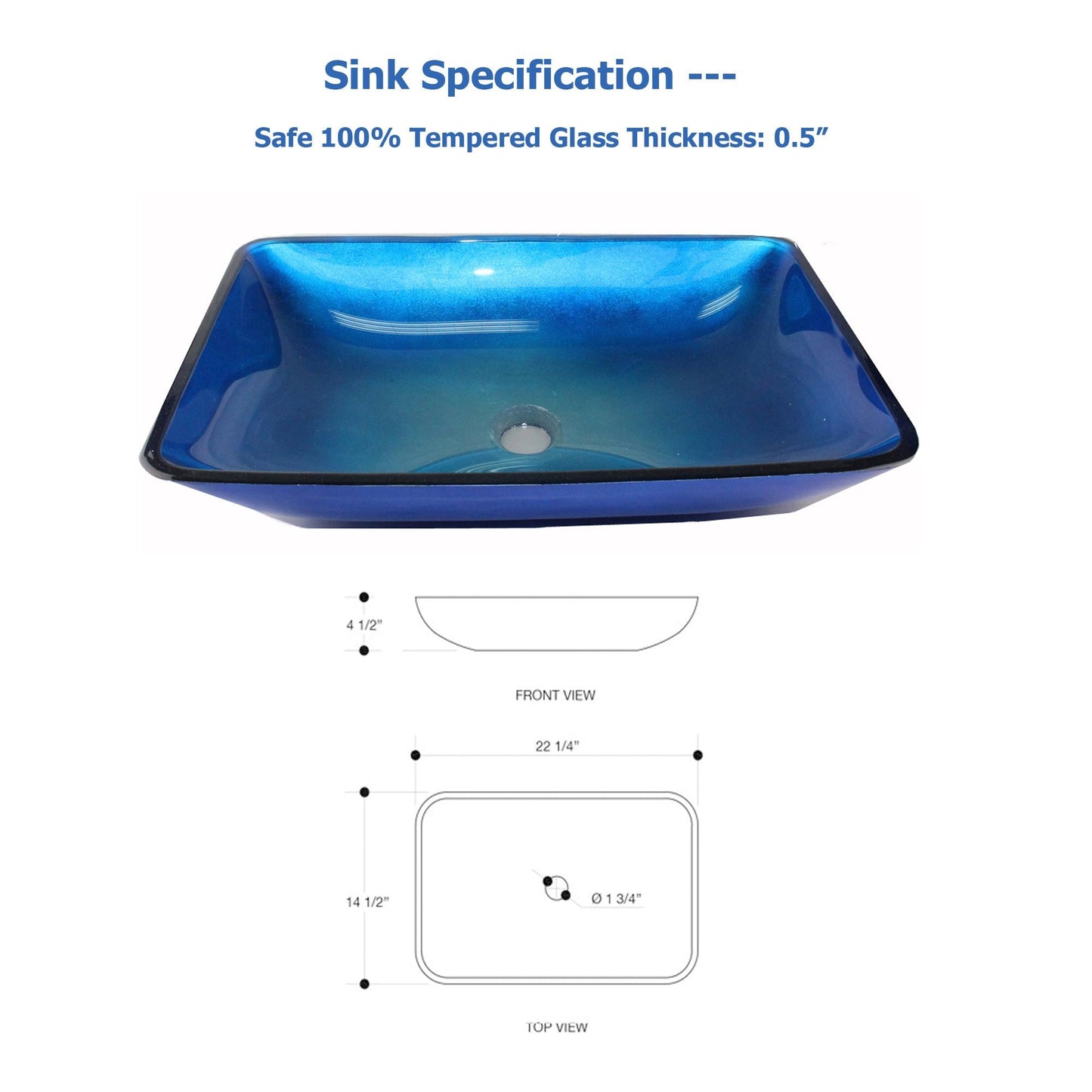 Ombre-Style Blue Turquoise Tempered Glass Countertop Bathroom Vanity Vessel Sink in Modern Rectangular Shape