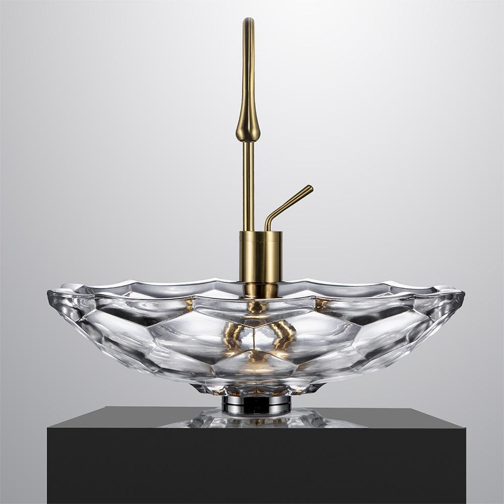 Crystal Clear Bathroom Glass Vessel Sink Transparent Vanity Countertop Basin in Lotus Shaped Pattern Artistic Lavatory Above Counter Bowl
