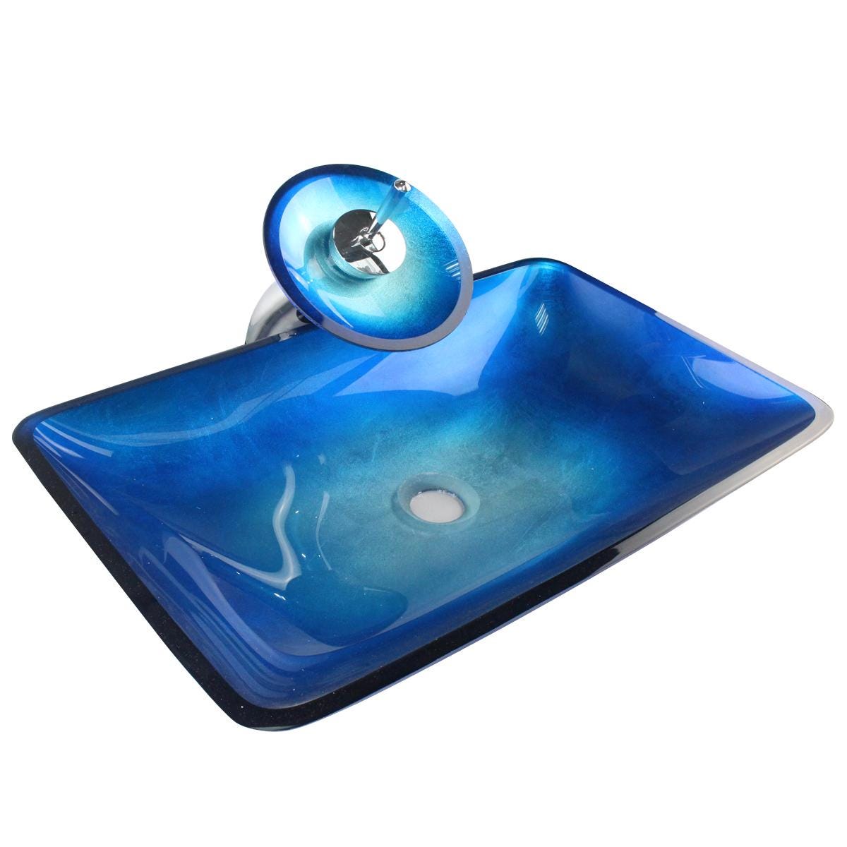 Ombre-Style Blue Turquoise Tempered Glass Countertop Bathroom Vanity Vessel Sink in Modern Rectangular Shape