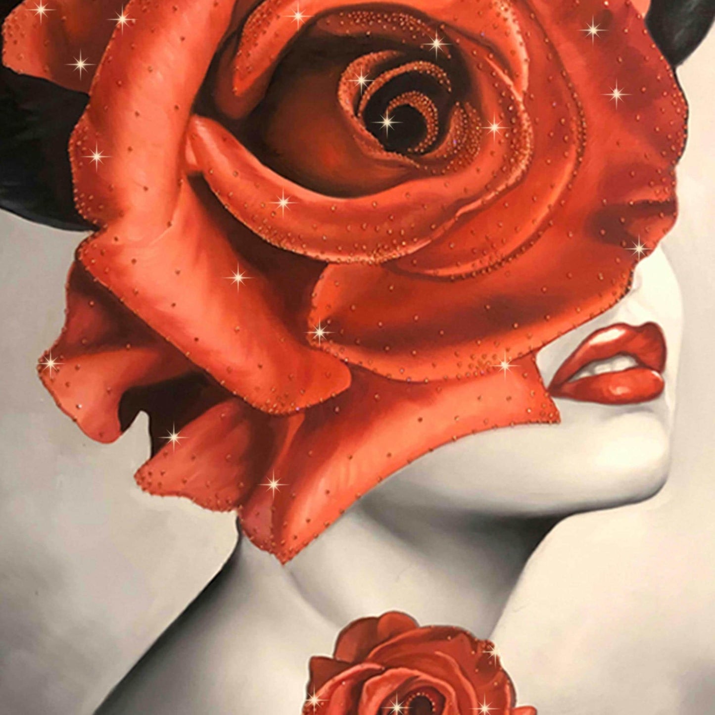 Portrait Wall Art Woman Face Canvas Arts Framed Painting Wall Decor Oil Painting Lady Art with Red Roses Handmade with Swarovski Crystals