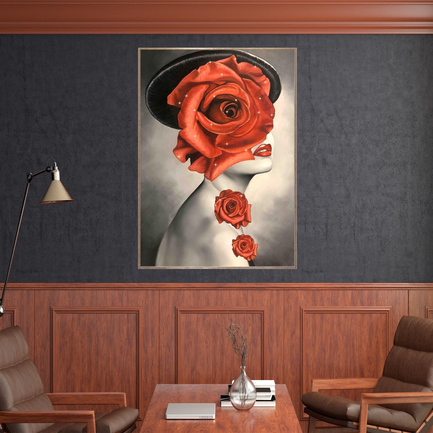 Portrait Wall Art Woman Face Canvas Arts Framed Painting Wall Decor Oil Painting Lady Art with Red Roses Handmade with Swarovski Crystals