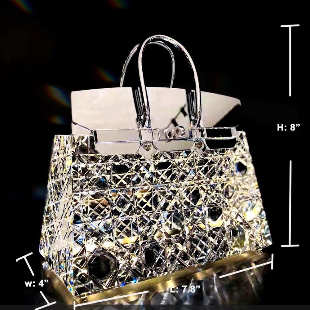Night Stand Lamp in Birkin Handbag Transparent Clear Gold Pink Crystal Glass Colors Lighting Shelf Table Decor Light Gift Idea Rechargeable