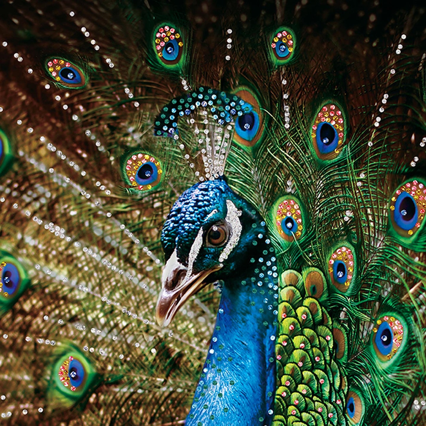 Vibrant Blue & Green Peacock Wall Art, Wall Decor, Acrylic Canvas Painting, Art print, Modern Arts Handmade Decorated with Swarovski Shiny Crystals