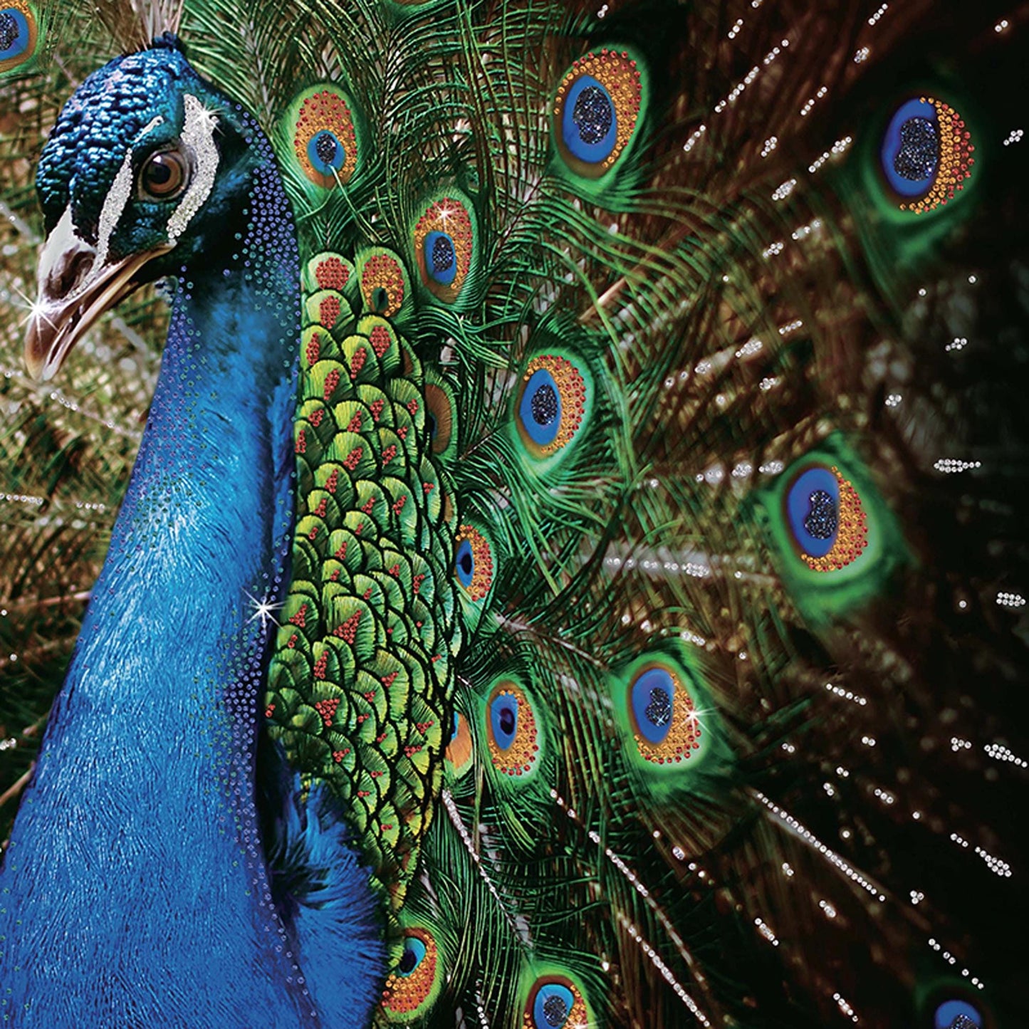 Vibrant Blue & Green Peacock Wall Art, Wall Decor, Acrylic Canvas Painting, Art print, Modern Arts Handmade Decorated with Swarovski Shiny Crystals