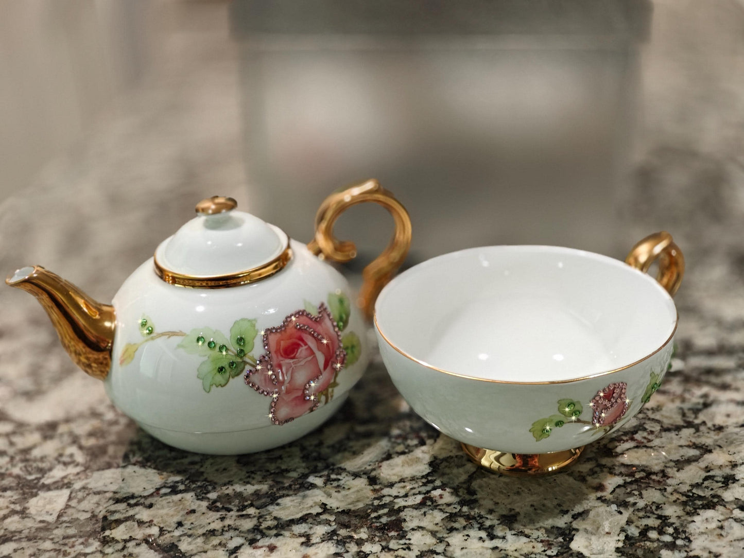 Flower Teaware Fine Porcelain Tea Pot and Cup Set British High Tea Set Coffee Cup Set Ornamented with Swarovski Crystals Gifting Ideas