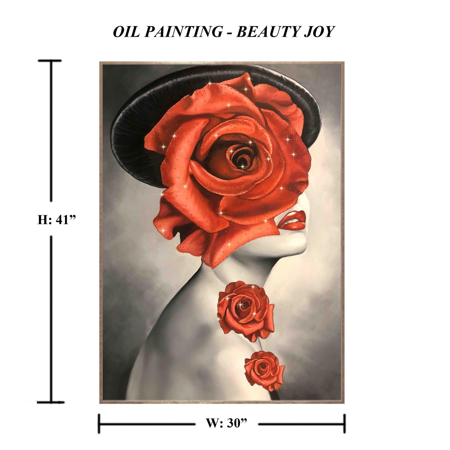 Portrait Wall Art Woman Face Canvas Arts Framed Painting Wall Decor Oil Painting Lady Art with Red Roses Handmade with Swarovski Crystals