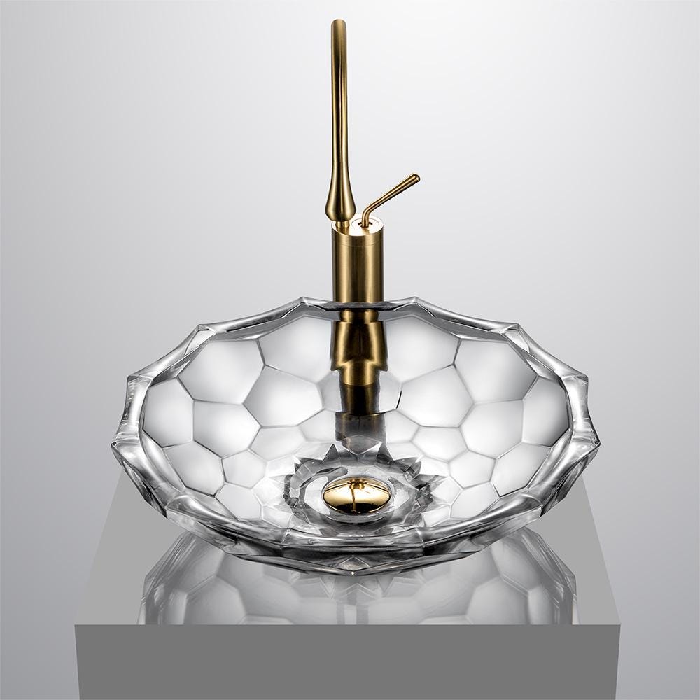 Crystal Clear Bathroom Glass Vessel Sink Transparent Vanity Countertop Basin in Lotus Shaped Pattern Artistic Lavatory Above Counter Bowl