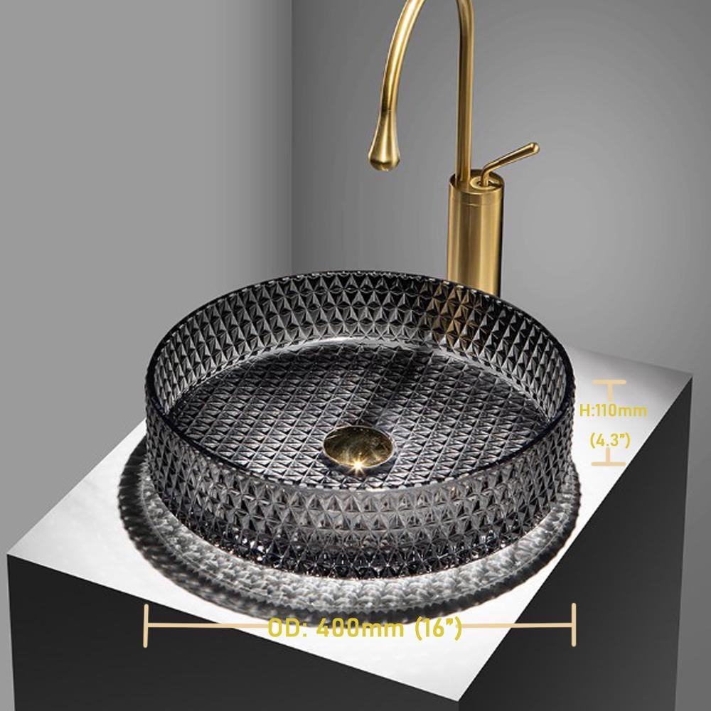 Modern Bathroom Glass Vessel Sink Black Transparent Cylinder Lavatory Vanity Countertop Basin in Artistic Diamond Pattern