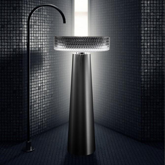 Modern Bathroom Glass Vessel Sink Black Transparent Cylinder Lavatory Vanity Countertop Basin in Artistic Diamond Pattern