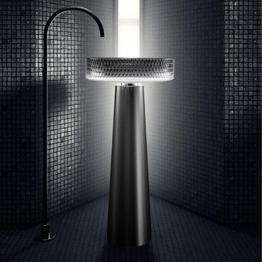 Modern Bathroom Glass Vessel Sink Black Transparent Cylinder Lavatory Vanity Countertop Basin in Artistic Diamond Pattern