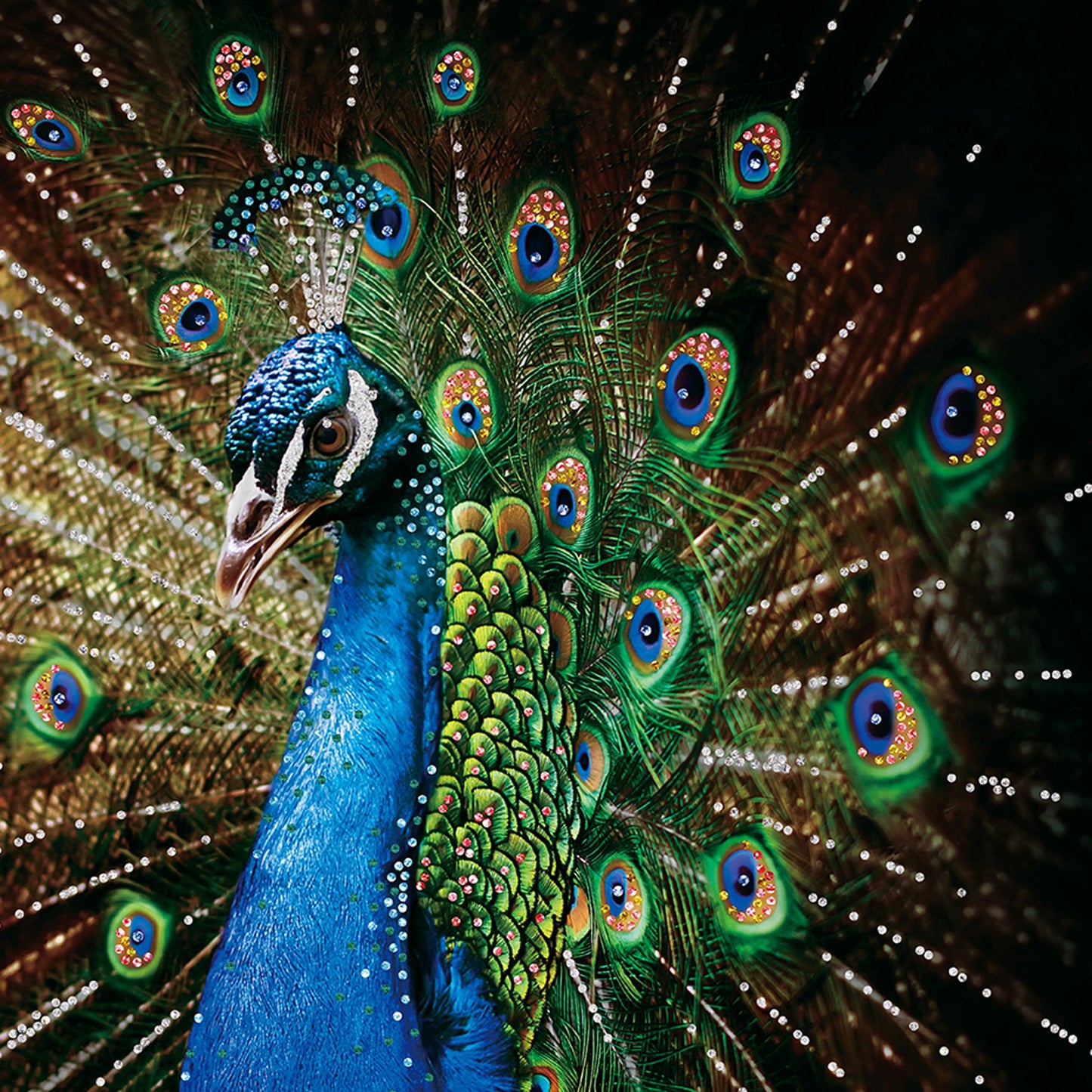 Vibrant Blue & Green Peacock Wall Art, Wall Decor, Acrylic Canvas Painting, Art print, Modern Arts Handmade Decorated with Swarovski Shiny Crystals