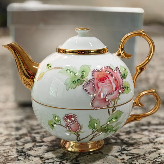 Flower Teaware Fine Porcelain Tea Pot and Cup Set British High Tea Set Coffee Cup Set Ornamented with Swarovski Crystals Gifting Ideas