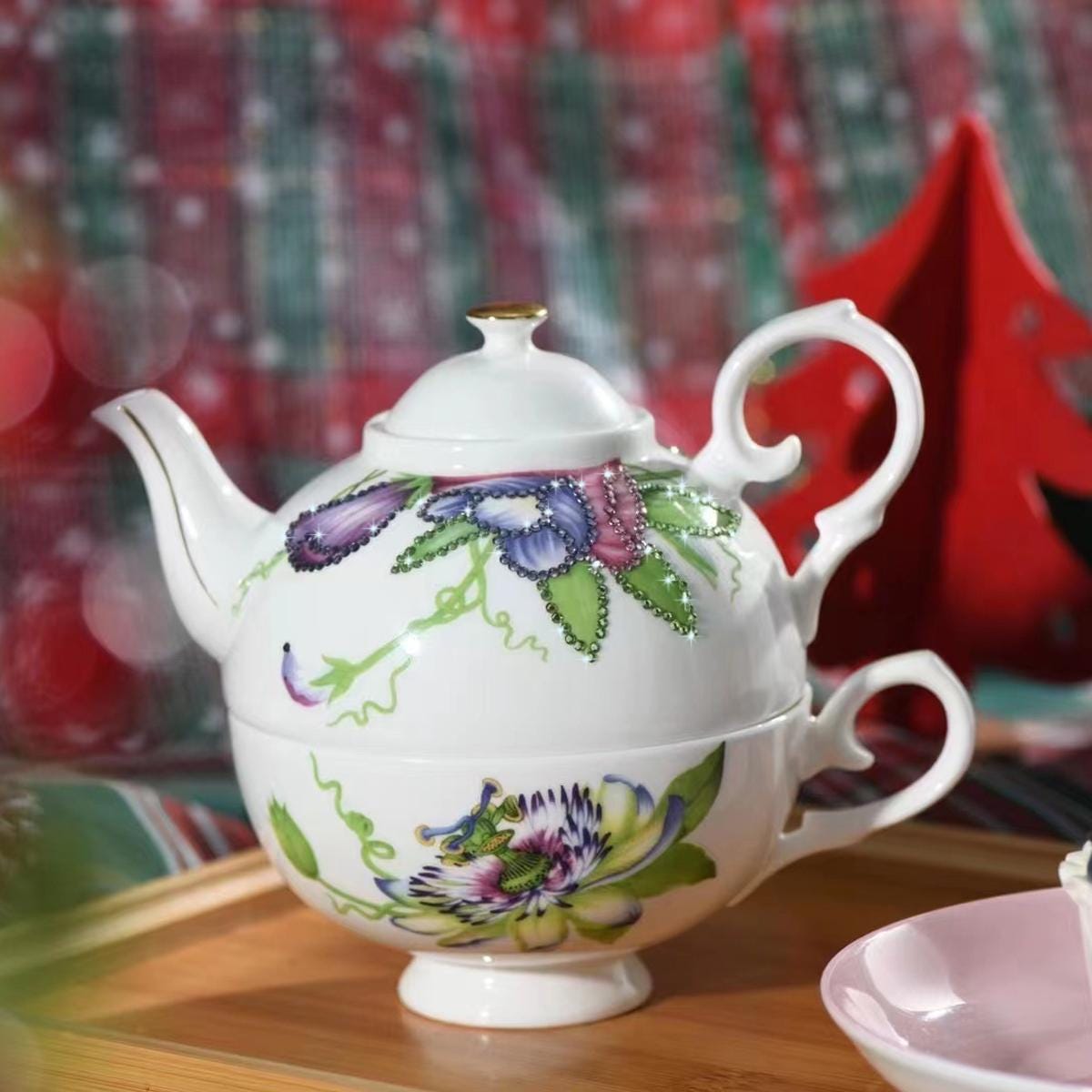 Flower Teaware Fine Porcelain Tea Pot and Cup Set British High Tea Set Coffee Cup Set Ornamented with Swarovski Crystals Gifting Ideas