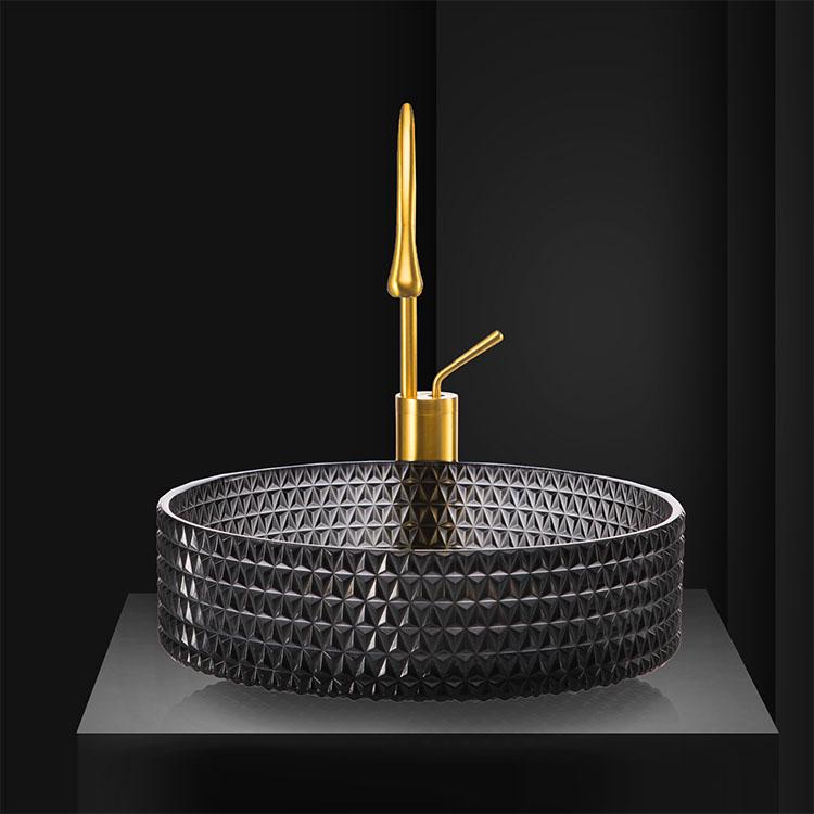 Modern Bathroom Glass Vessel Sink Black Transparent Cylinder Lavatory Vanity Countertop Basin in Artistic Diamond Pattern
