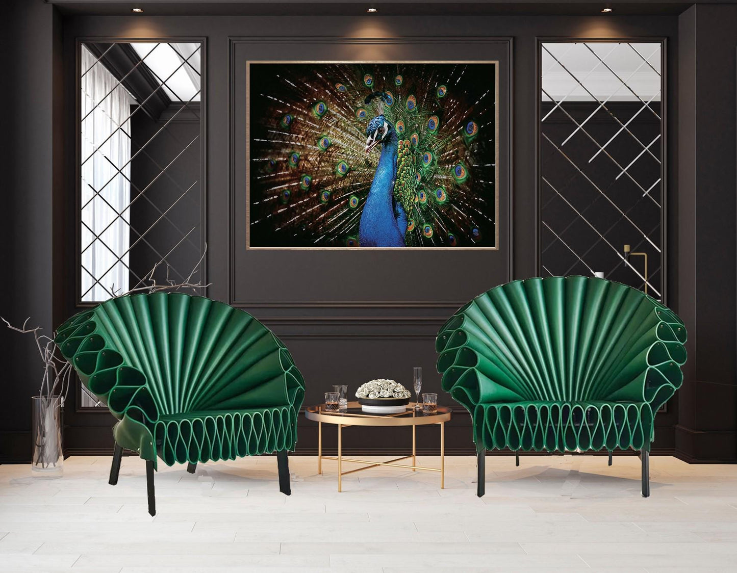 Lounge Leather Single Accent Armchair in Unique Peacock Flaunting Tail Shape Optional Colors Available for Living Bedroom Foyer Lobby Office