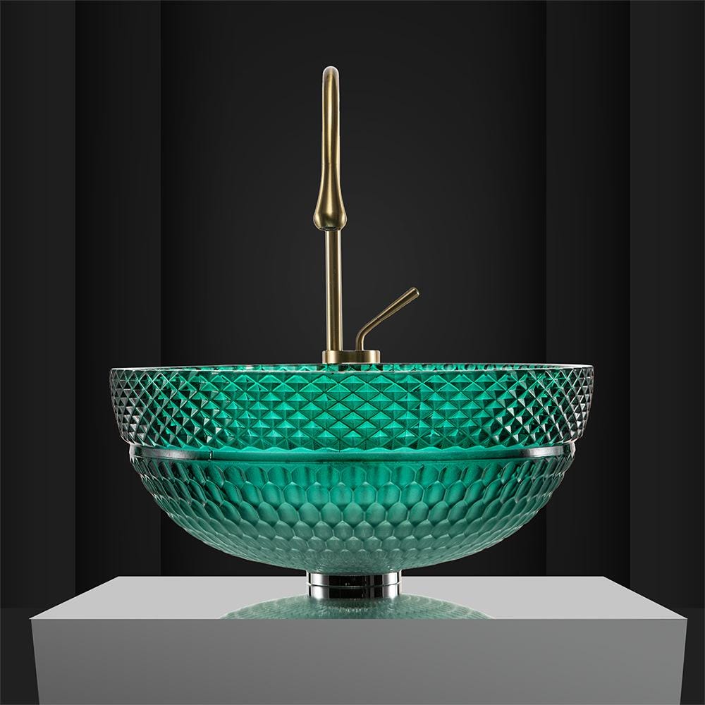 Modern Bathroom Vanity Countertop Glass Vessel Sink in Green Ombre Color Diamond Shaped Patterned Lavatory Round Bowl Various Colors options