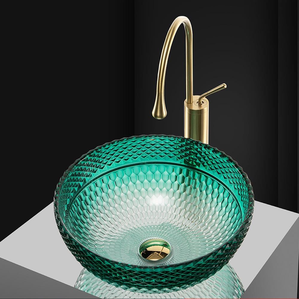 Modern Bathroom Vanity Countertop Glass Vessel Sink in Green Ombre Color Diamond Shaped Patterned Lavatory Round Bowl Various Colors options