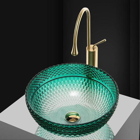 Modern Bathroom Vanity Countertop Glass Vessel Sink in Green Ombre Color Diamond Shaped Patterned Lavatory Round Bowl Various Colors options