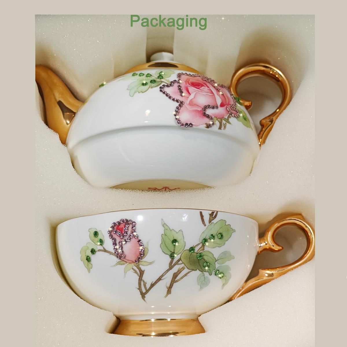 Flower Teaware Fine Porcelain Tea Pot and Cup Set British High Tea Set Coffee Cup Set Ornamented with Swarovski Crystals Gifting Ideas