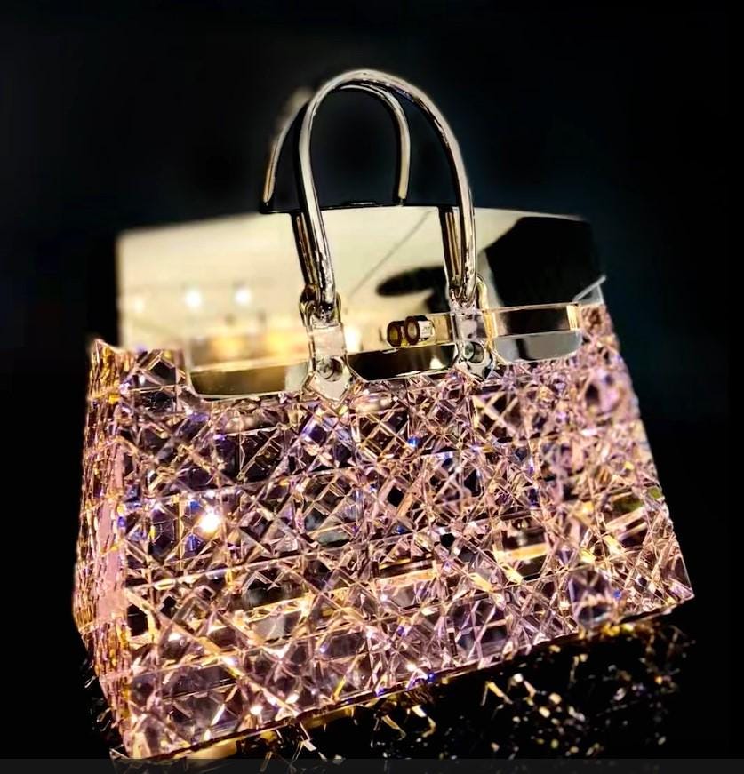 Night Stand Lamp in Birkin Handbag Transparent Clear Gold Pink Crystal Glass Colors Lighting Shelf Table Decor Light Gift Idea Rechargeable