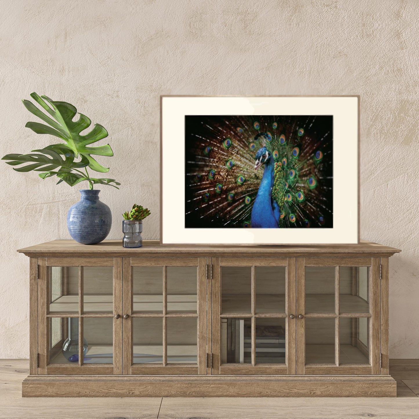 Vibrant Blue & Green Peacock Wall Art, Wall Decor, Acrylic Canvas Painting, Art print, Modern Arts Handmade Decorated with Swarovski Shiny Crystals