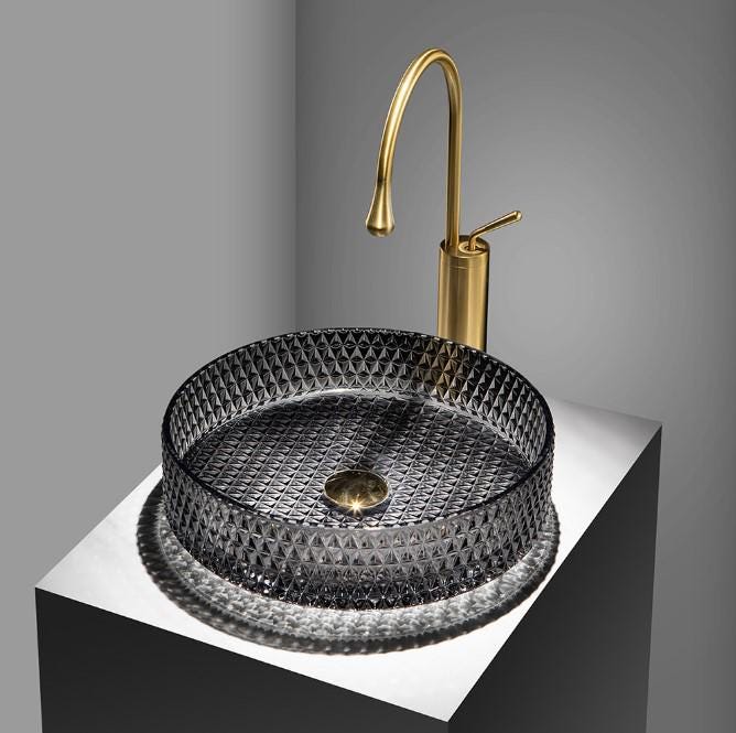 Modern Bathroom Glass Vessel Sink Black Transparent Cylinder Lavatory Vanity Countertop Basin in Artistic Diamond Pattern