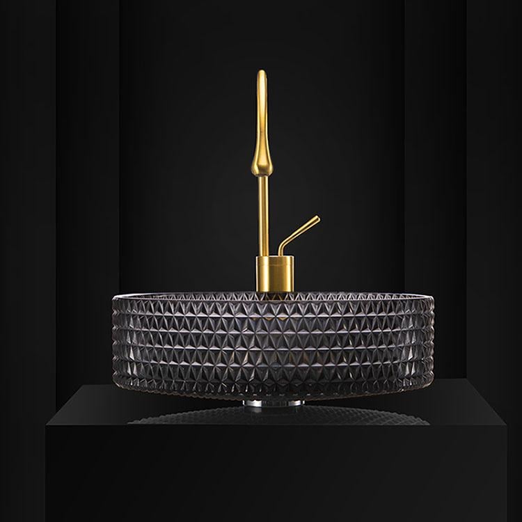 Modern Bathroom Glass Vessel Sink Black Transparent Cylinder Lavatory Vanity Countertop Basin in Artistic Diamond Pattern
