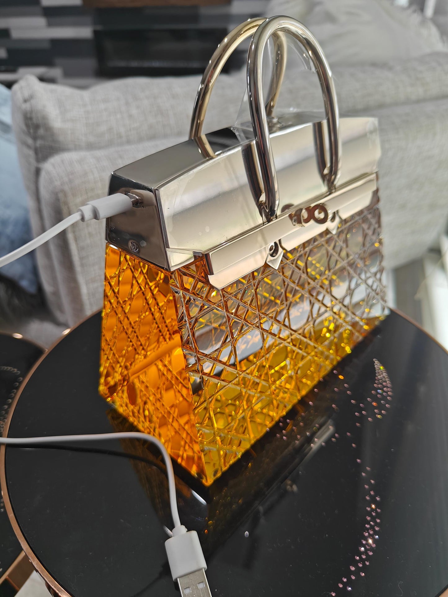 Night Stand Lamp in Birkin Handbag Transparent Clear Gold Pink Crystal Glass Colors Lighting Shelf Table Decor Light Gift Idea Rechargeable
