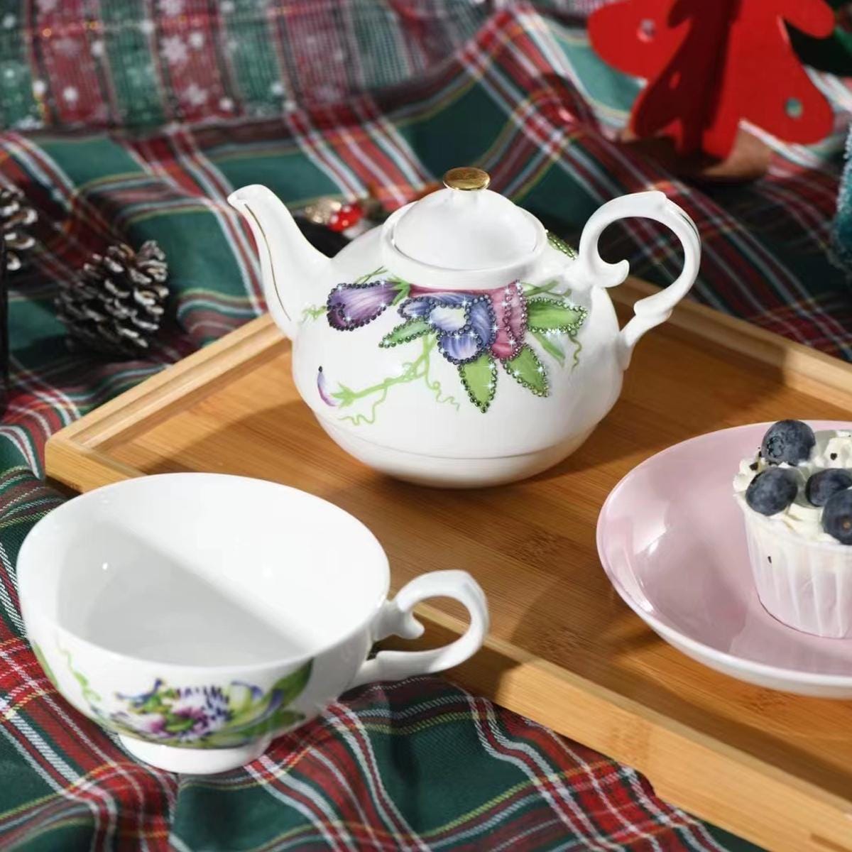 Flower Teaware Fine Porcelain Tea Pot and Cup Set British High Tea Set Coffee Cup Set Ornamented with Swarovski Crystals Gifting Ideas