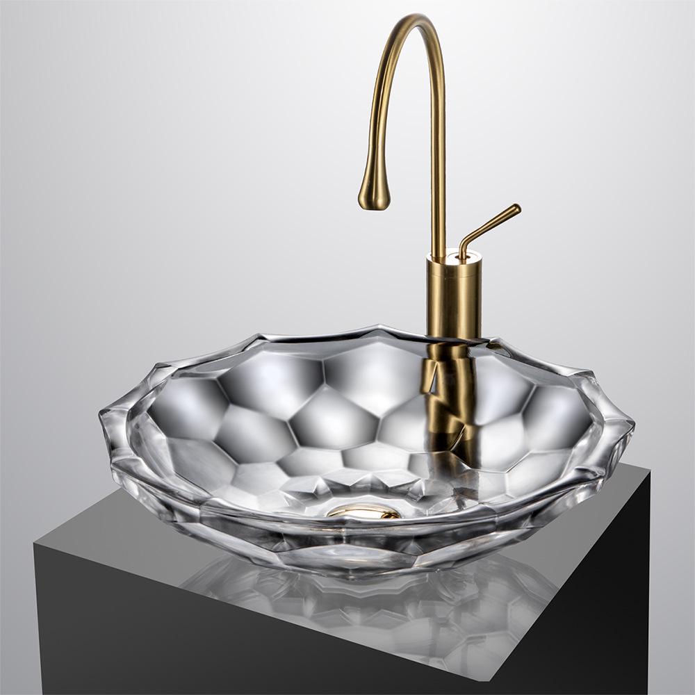 Crystal Clear Bathroom Glass Vessel Sink Transparent Vanity Countertop Basin in Lotus Shaped Pattern Artistic Lavatory Above Counter Bowl
