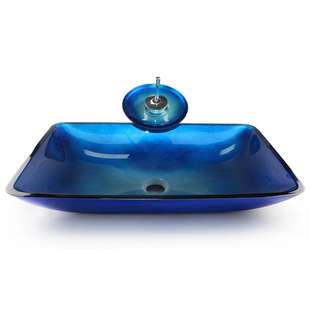 Ombre-Style Blue Turquoise Tempered Glass Countertop Bathroom Vanity Vessel Sink in Modern Rectangular Shape
