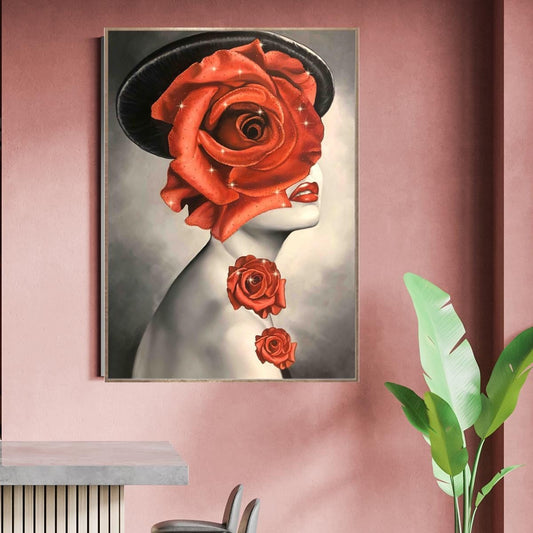 Portrait Wall Art Woman Face Canvas Arts Framed Painting Wall Decor Oil Painting Lady Art with Red Roses Handmade with Swarovski Crystals