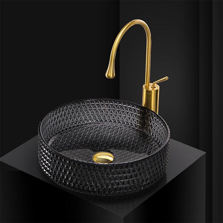 Modern Bathroom Glass Vessel Sink Black Transparent Cylinder Lavatory Vanity Countertop Basin in Artistic Diamond Pattern