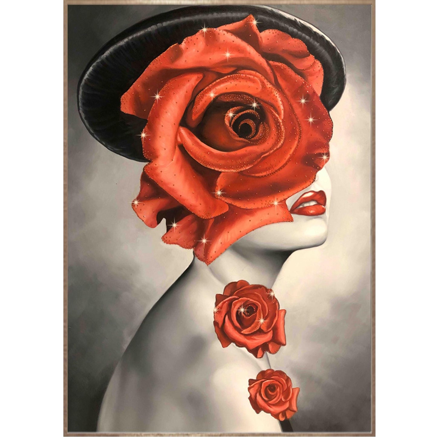 Portrait Wall Art Woman Face Canvas Arts Framed Painting Wall Decor Oil Painting Lady Art with Red Roses Handmade with Swarovski Crystals