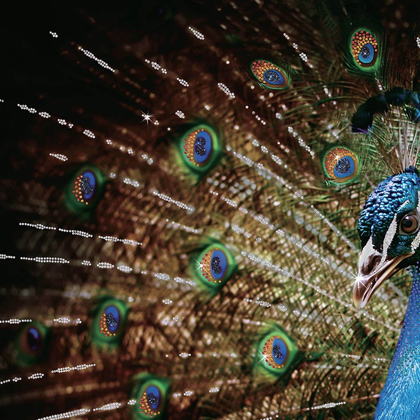 Vibrant Blue & Green Peacock Wall Art, Wall Decor, Acrylic Canvas Painting, Art print, Modern Arts Handmade Decorated with Swarovski Shiny Crystals