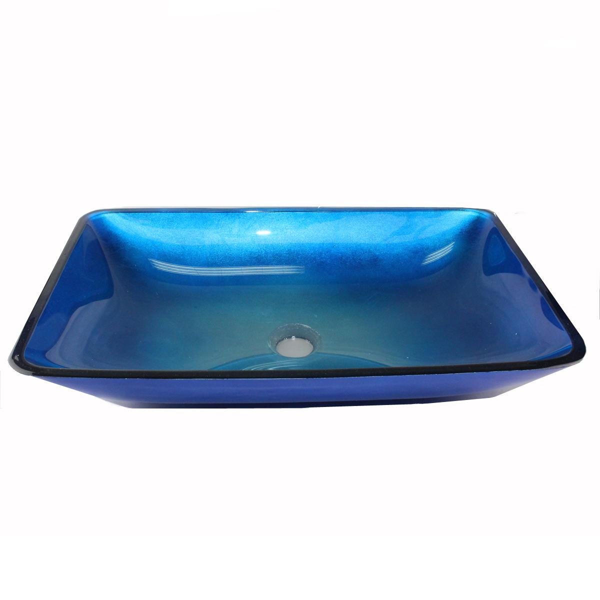 Ombre-Style Blue Turquoise Tempered Glass Countertop Bathroom Vanity Vessel Sink in Modern Rectangular Shape